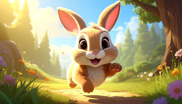 Playful cartoon rabbit running on a sunny path