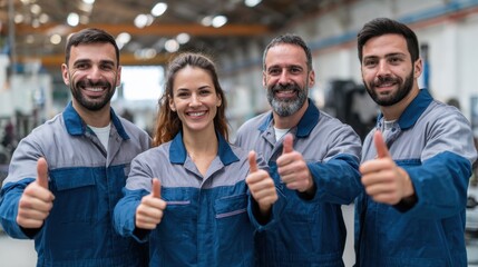 Joyful technician giving a thumbs up to the camera in a manufacturing workshop showcasing teamwork in an auto parts warehouse