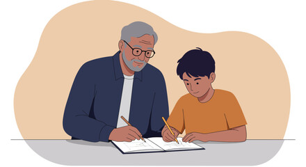 Grandfather and Grandson Drawing Together in a Sketchbook, Creating Art