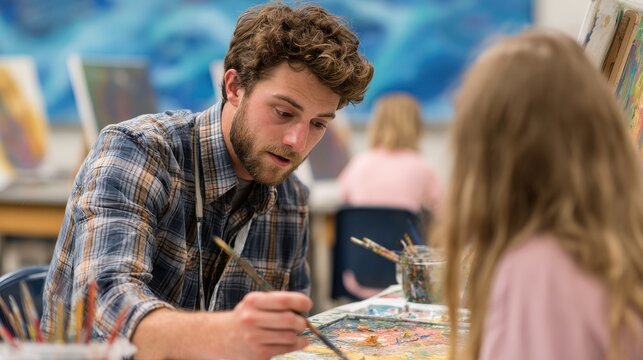 Attractive young teacher collaborating on a painting with a student in art class - Powered by Adobe