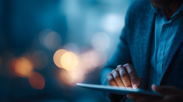 Businessman s hands tapping on a tablet screen illuminated by the device s glow with a blurred urban backdrop of warm bokeh lights at night