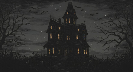 Spooky house illustration with bats and cemetery