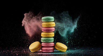 Stack of colorful macarons with powder explosion