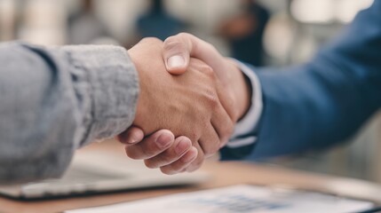 Business meeting with handshake for recruitment and partnership success People shaking hands to finalize hiring and celebrate job offer