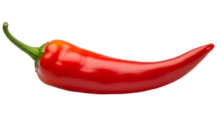 Glossy, curved red chili pepper with a green stem on black