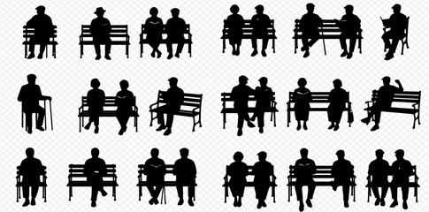 Obraz premium A collection of black silhouettes of elderly people, both individuals and couples, sitting on park benches.