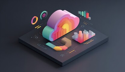 Abstract isometric graphic of a cloud and data visualization elements