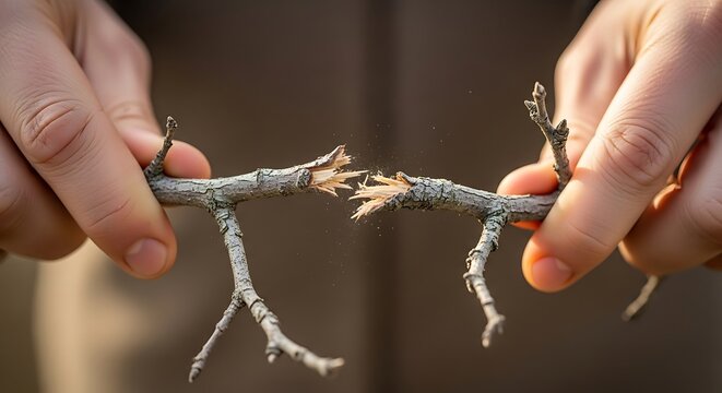 Snapping Point: Hands Breaking a Dry Branch with Splintering Wood Detail