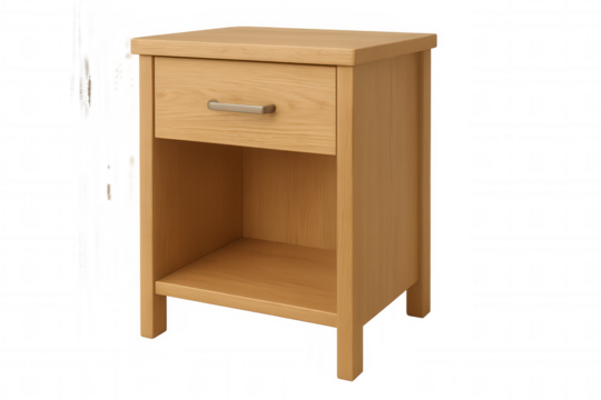 Nightstand with drawer and open shelf, modern wooden bedside table, bedroom furniture, transparent background