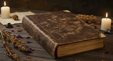 Vintage book and candles on wooden surface