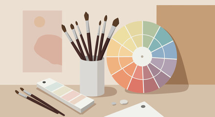 Artistic Still Life with Brushes, Color Wheel, and Palette