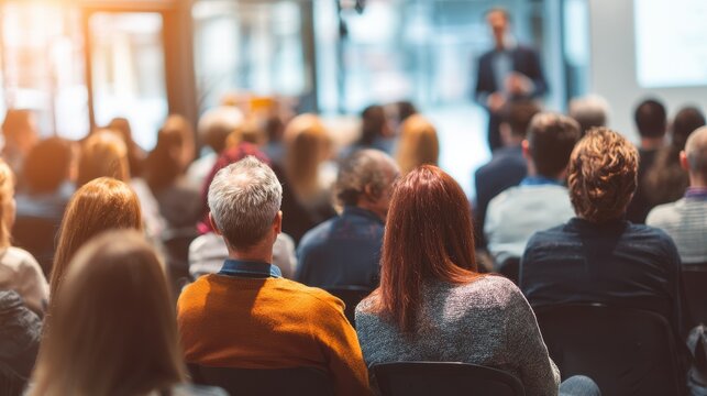 Business professionals attending a seminar with an expert speaker and an audience engaged in training - Powered by Adobe