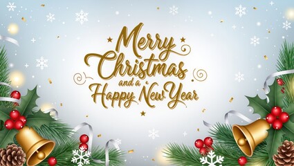 Elegant Christmas and New Year greeting card featuring golden lettering, pine branches, holly leaves, red berries, and bells upon the soft winter background with snowflakes and warm light effects