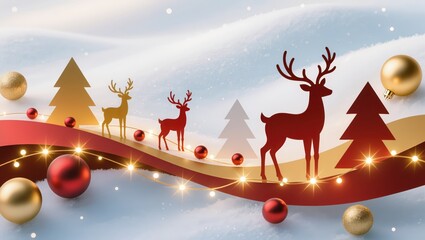 Golden and red reindeer silhouettes stand among stylized trees and glowing lights upon the snowy background, creating a festive winter holiday atmosphere featuring warm illumination
