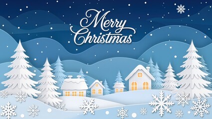 Peaceful snowy village scene upon the calm Christmas night, featuring glowing houses, pine trees, and falling snow under a dark blue sky, creating a cozy and festive winter atmosphere
