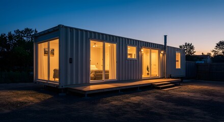 Fototapeta premium Modern Shipping Container Home at Dusk