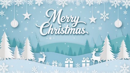 Festive Merry Christmas winter landscape featuring reindeer, snow-covered trees, and gift boxes under falling snowflakes within soft blue tones, creating the calm and joyful holiday atmosphere