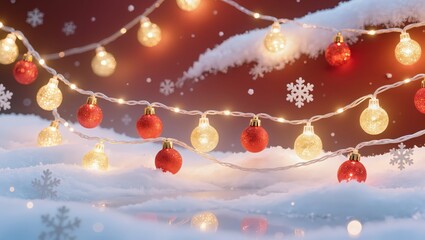 Festive red and gold Christmas ornaments featuring glowing string lights hang above soft snow under the warm evening glow, creating a cozy winter holiday atmosphere with gentle reflections
