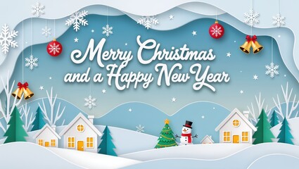 Cheerful winter village illustration featuring snow-covered houses, pine trees, and the snowman under a bright sky, featuring a festive Christmas and New Year greeting within warm seasonal colors