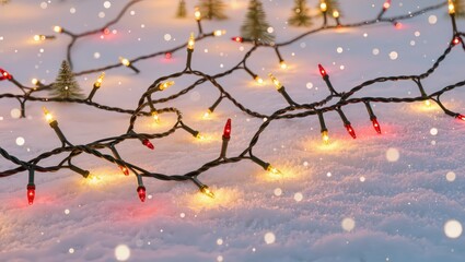 Festive red and yellow Christmas lights glow warmly upon fresh snow at dusk, featuring soft bokeh and small pine branches creating the cozy winter holiday atmosphere outdoors