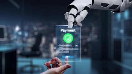 A futuristic digital payment interface showcases interaction between a human hand and a robotic arm in a modern business setting. This video emphasizes innovation and security. Auvana - Powered by Adobe