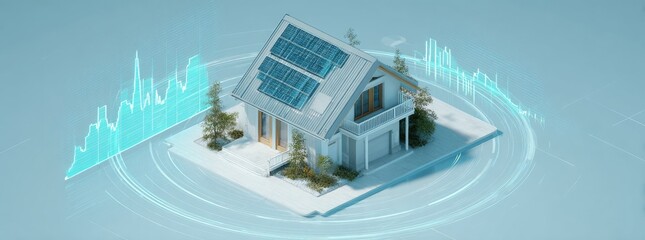 3D model of a house with solar panels and data visualizations