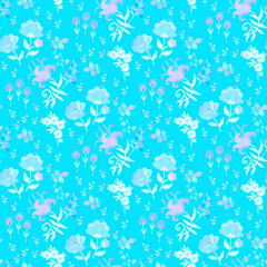 Delicate blue and lilac embroidered flowers on a light blue background. Beautiful seamless floral pattern in vector. Fabric for little princesses.