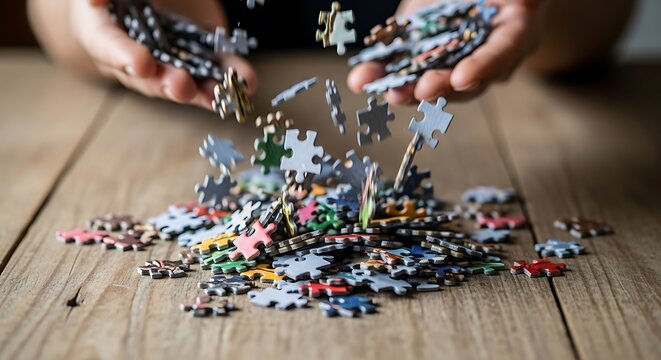 Puzzle Pieces Falling: Colorful Jigsaw Pieces, Wooden Table, Selective Focus, Close-up.