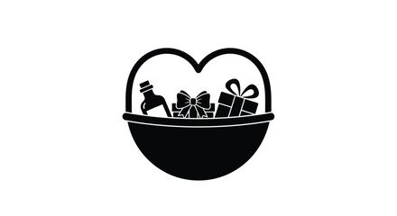 Black silhouette of a heart shaped gift basket with bottle and presents