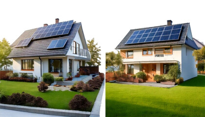  Green Modern Home Illustration with Solar Roof and Heat Pump Isolated on Transparent Background