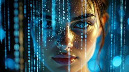 Portrait of a woman integrated with the digital world, surrounded by glowing blue data streams and binary code - Powered by Adobe