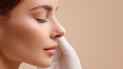 Surgeon sketching on woman s nose young female with eyes closed posing in beige studio during consultation about rhinoplasty