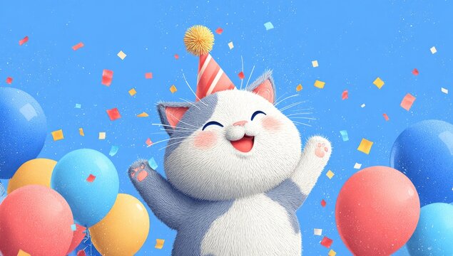 Cute cartoon cat celebrating with party hats and confetti - Powered by Adobe
