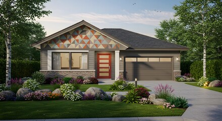 Modern Single-Family Home with Geometric Gable Design and Lush Landscaping