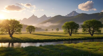 Serene Landscape with Mountains, Trees, and River at Sunset.