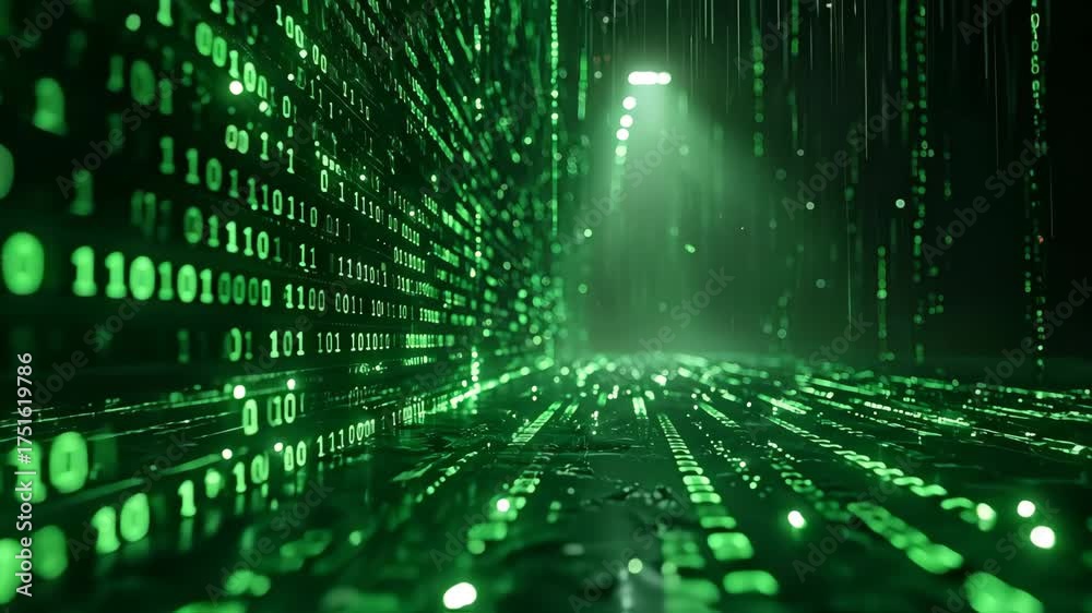 Wall mural abstract digital tunnel with glowing green binary code, representing data, technology, and cyberspac