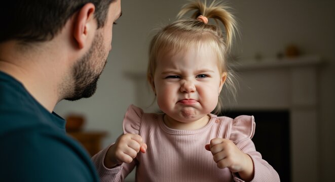 Cute little toddler girl making a funny angry face and clenching fists looking at camera