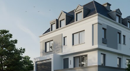 Modern Townhouse Facade with Dormer Windows and Trees