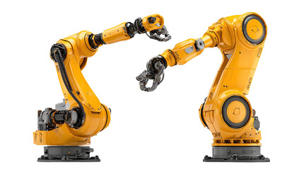 Fototapeta premium Two articulated yellow industrial robots, arms outstretched in a dynamic pose