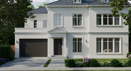 Fototapeta premium Modern White Family House with Garage and Landscaped Garden
