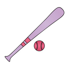 Baseball Bat and Ball Violet Vector Illustration Isolated Sports Doodle