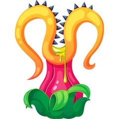 Cartoon Venus Flytrap Plant Creature with Yellow Tentacles Green Drool and Pink Body Surrounded by Lush Green Leaves on Transparent Background