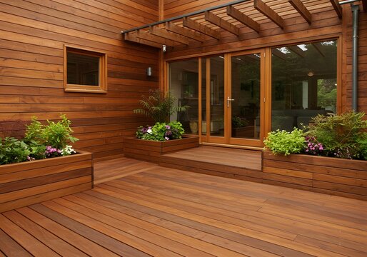 Modern wooden deck and patio with planter boxes and glass doors