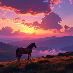 Solitary horse silhouetted against a vibrant sunset over rolling hills and a misty valley