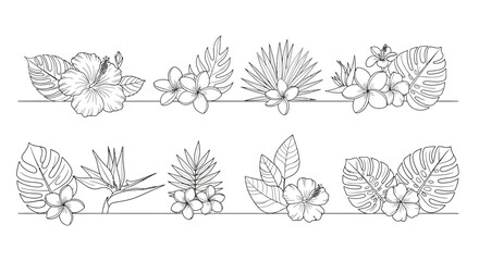 Fototapeta premium Tropical flower sketch border isolated on white background for decoration