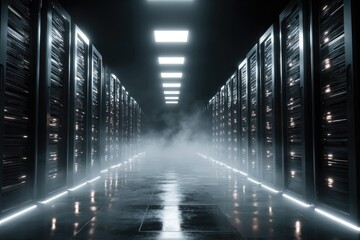 Futuristic server room with glowing neon lights