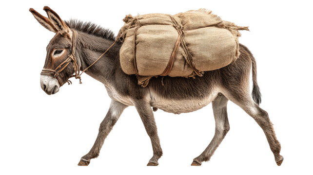 Donkey carrying heavy load on its back showing hardworking animal and rural transportation scene isolated on white background