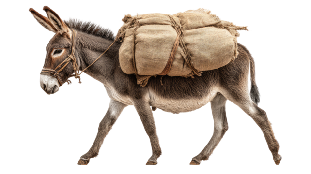 Donkey carrying heavy load on its back showing hardworking animal and rural transportation scene isolated on white background