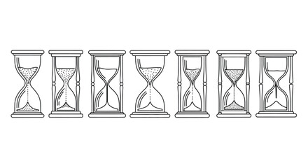 Collection of hourglasses showing the passage of time isolated on white background