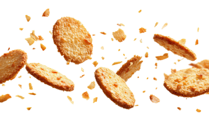 Crushed crispy cookies floating in air showing sweet dessert crumbs and crunchy baked snack texture isolated on white background